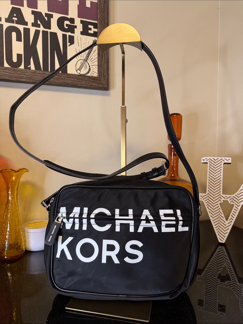 Michael Kors Black Logo Crossbody Messenger Bag with White Print